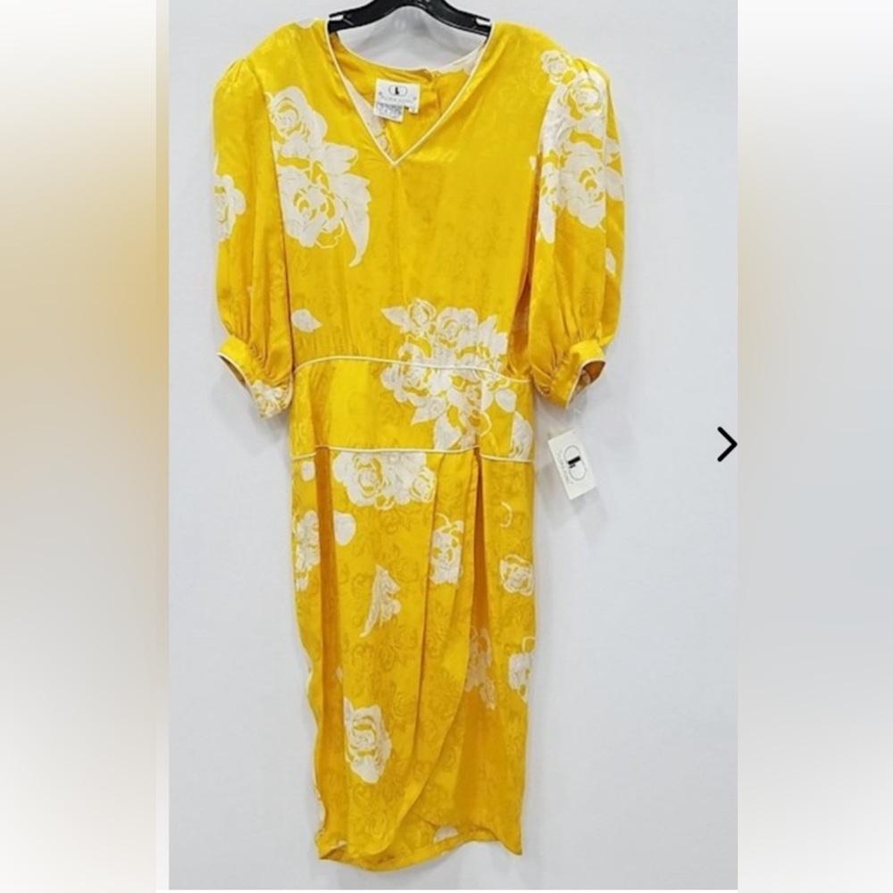 Vintage Flora Kung 100% silk yellow midi dress NWT